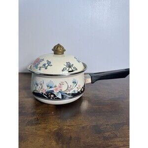 Vintage White Enamel And Floral Sauce Pot With Lid Whimsy Kitchen Cookware Pan